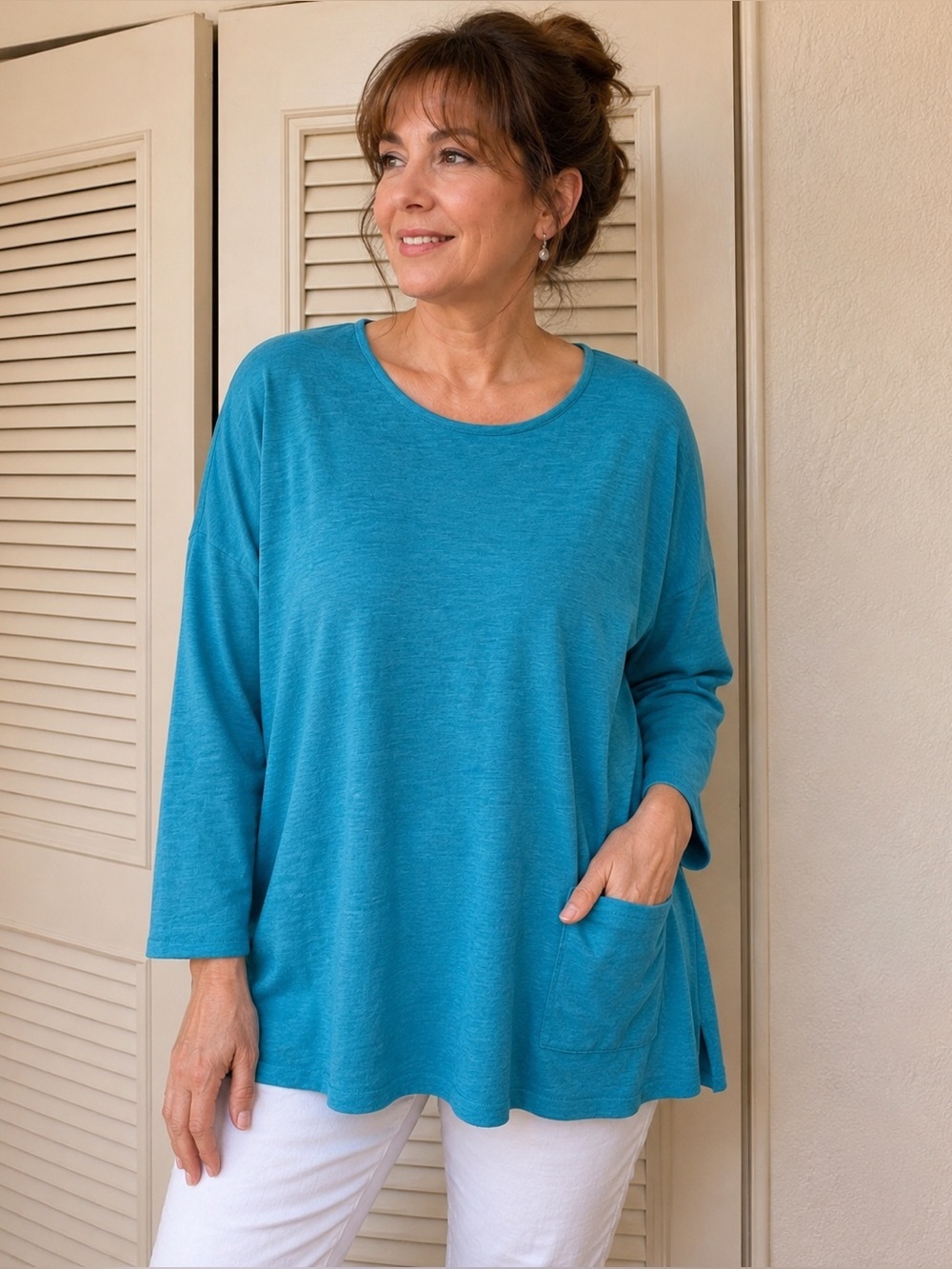 J . JILL Lightweight Turquoise Blue Pullover thin light linen top LARGE NWT